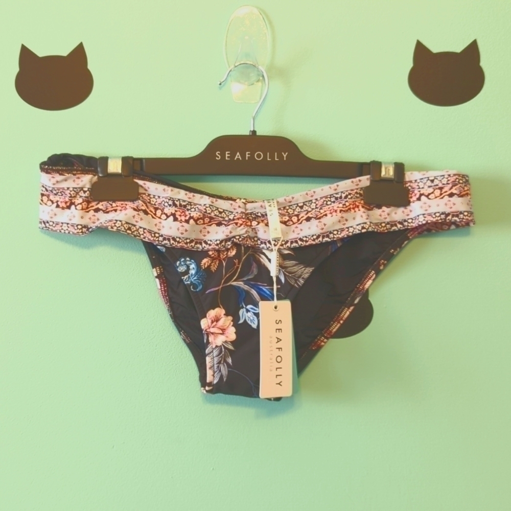 SEAFOLLY High Cut Bikini Bottoms Black Floral US New
